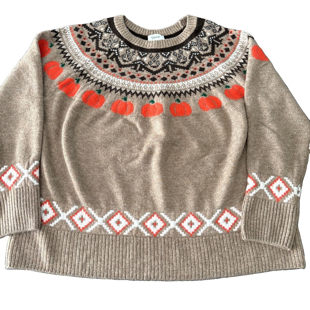CeCe NWT Womens 1X Pumpkin Patch Fair Isle Sweater Taupe Brown Fall Knit crewnec